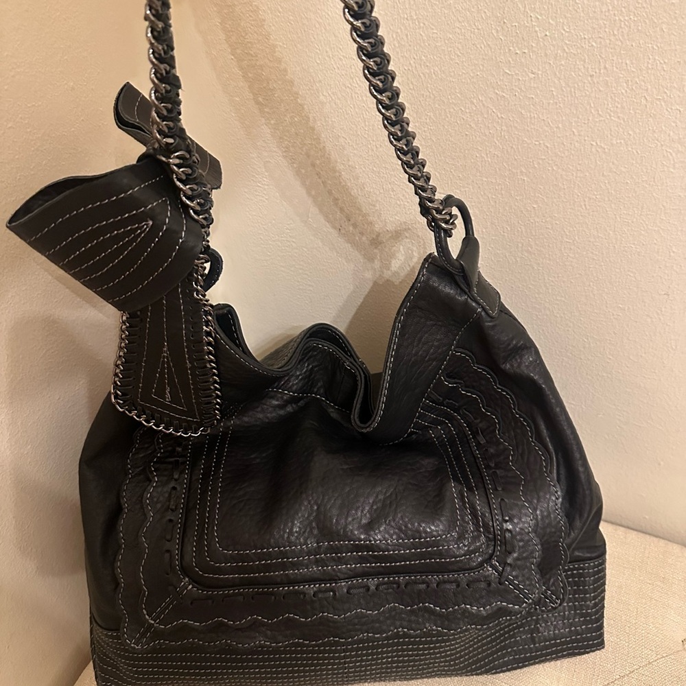 Black Leather Shoulder Bag with Chain Strap